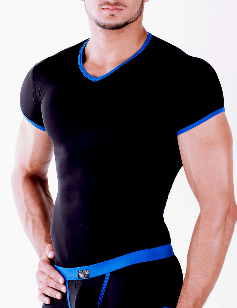 Micro-Basic V-Shirt schwarz-blau