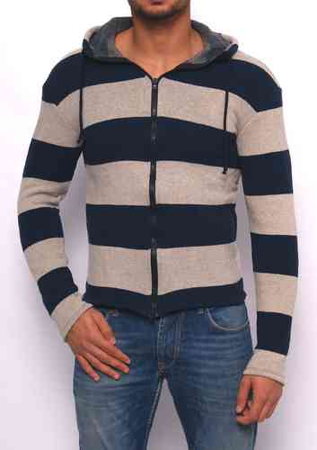 Hoodie stripe knit beige-marine zip marine