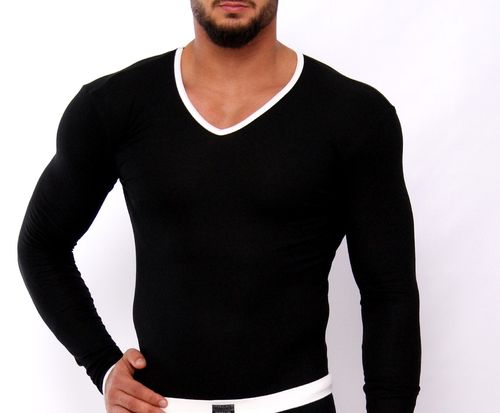 CottonRipp long sleeves V-Shirt black-white