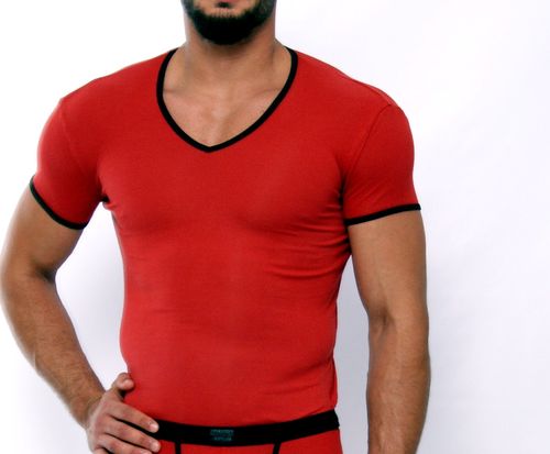 CottonRipp V-Shirt rot-schwarz